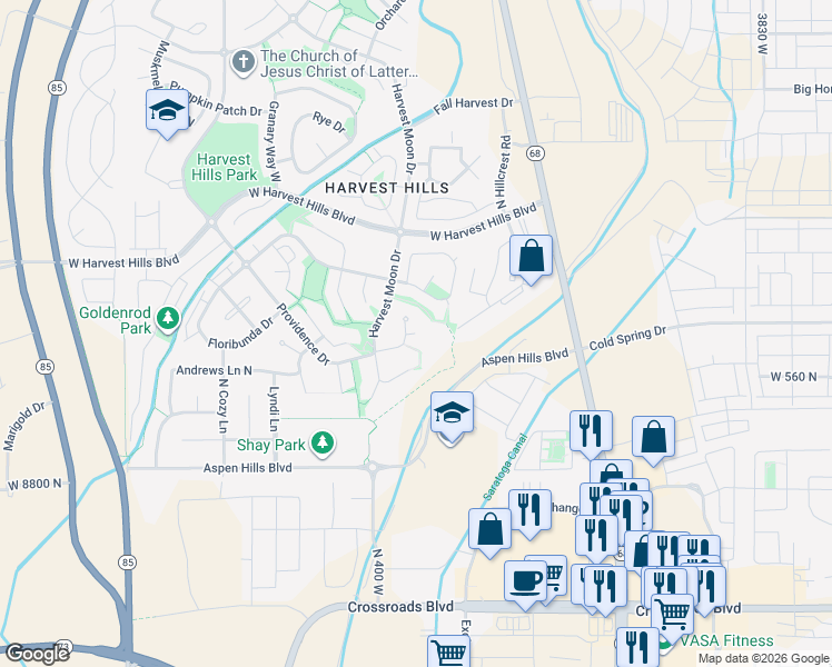 map of restaurants, bars, coffee shops, grocery stores, and more near West 1840 North in Saratoga Springs