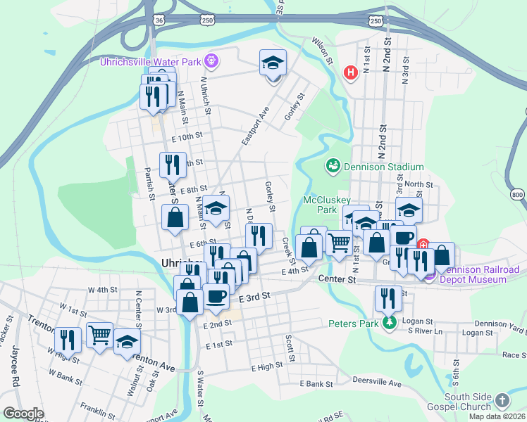 map of restaurants, bars, coffee shops, grocery stores, and more near 612 Gorley Street in Uhrichsville