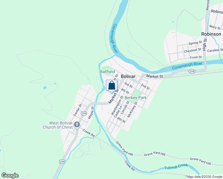 map of restaurants, bars, coffee shops, grocery stores, and more near 529 Market Street in Bolivar