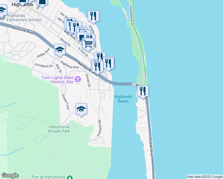 map of restaurants, bars, coffee shops, grocery stores, and more near 42 South Bay Avenue in Highlands