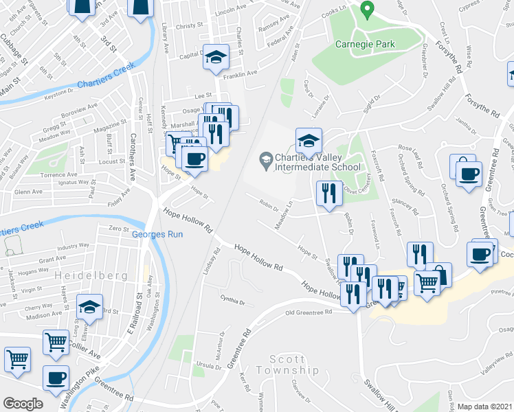map of restaurants, bars, coffee shops, grocery stores, and more near 577 Hope Street in Pittsburgh