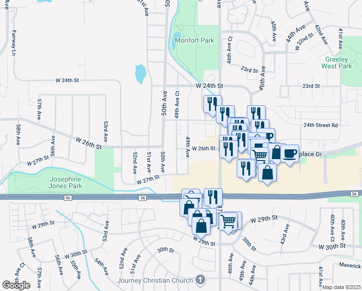 map of restaurants, bars, coffee shops, grocery stores, and more near 2606 49th Avenue Court in Greeley