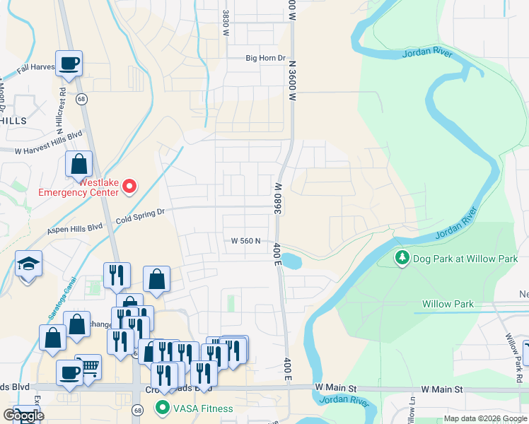 map of restaurants, bars, coffee shops, grocery stores, and more near 8839 400 East in Lehi