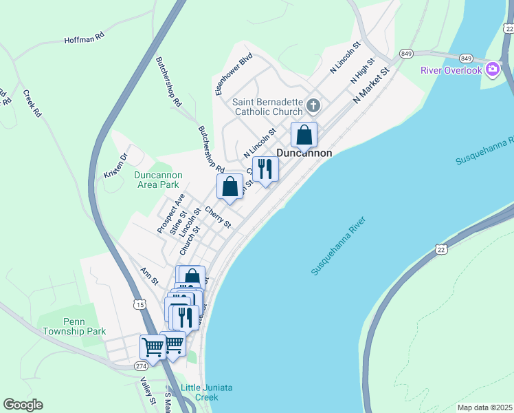 map of restaurants, bars, coffee shops, grocery stores, and more near 410 North Market Street in Duncannon