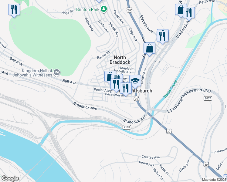 map of restaurants, bars, coffee shops, grocery stores, and more near 412 Bessemer Avenue in East Pittsburgh