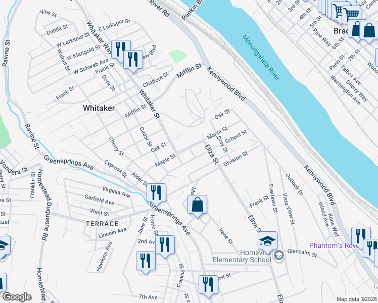 map of restaurants, bars, coffee shops, grocery stores, and more near 505 School Street in West Mifflin