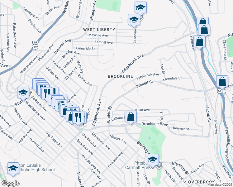 map of restaurants, bars, coffee shops, grocery stores, and more near 2371 Whited Street in Pittsburgh