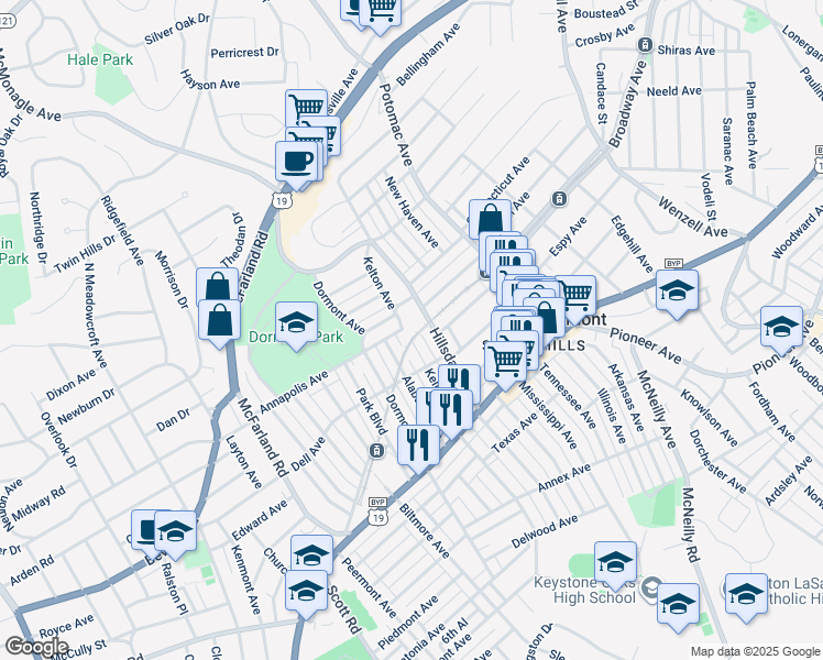 map of restaurants, bars, coffee shops, grocery stores, and more near 1528 Alabama Avenue in Pittsburgh