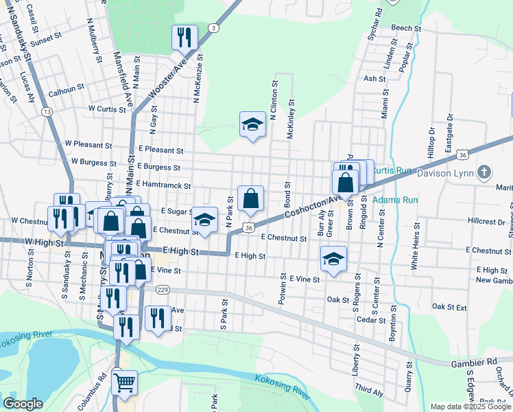 map of restaurants, bars, coffee shops, grocery stores, and more near 202 North Division Street in Mount Vernon
