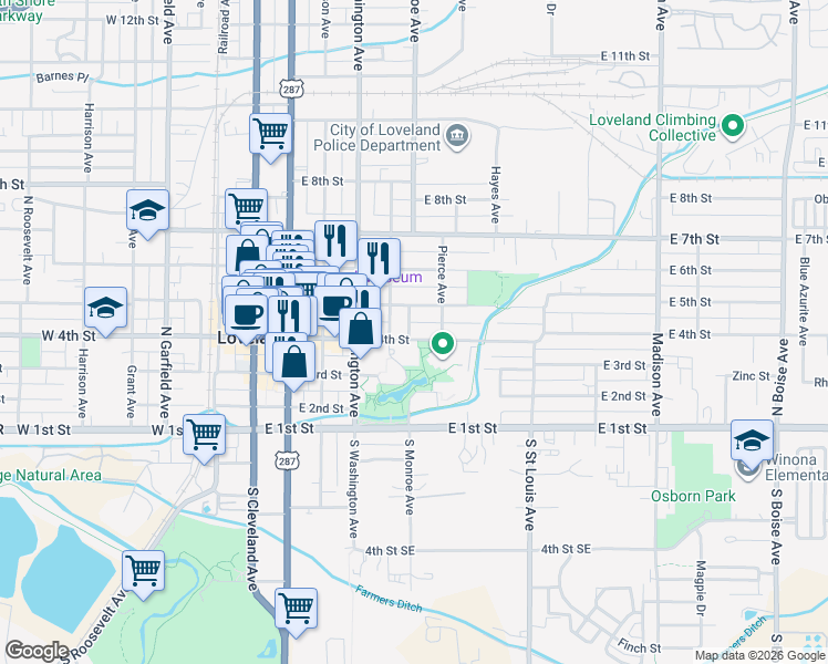 map of restaurants, bars, coffee shops, grocery stores, and more near 300 North Adams Avenue in Loveland