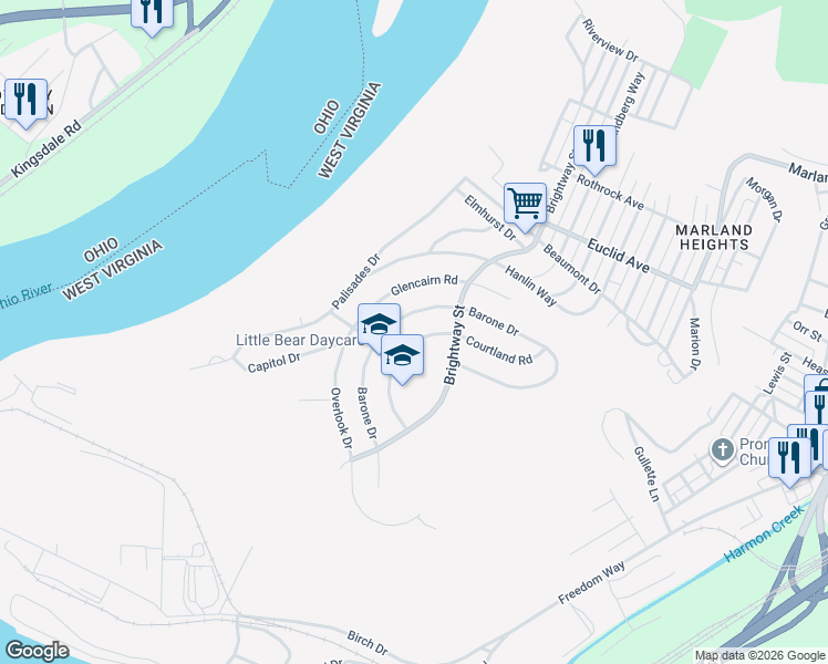map of restaurants, bars, coffee shops, grocery stores, and more near 1210 Courtland Road in Weirton