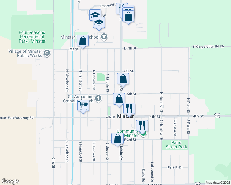 map of restaurants, bars, coffee shops, grocery stores, and more near 80 North Lincoln Street in Minster
