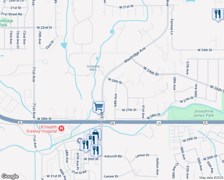 map of restaurants, bars, coffee shops, grocery stores, and more near 2631 64th Avenue in Greeley