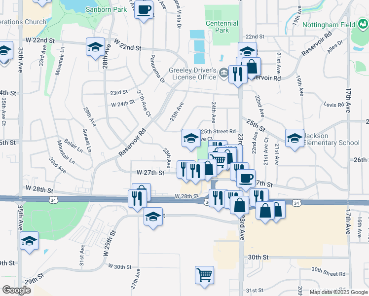 map of restaurants, bars, coffee shops, grocery stores, and more near 2600 24th Avenue Court in Greeley