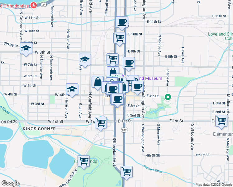 map of restaurants, bars, coffee shops, grocery stores, and more near in Loveland