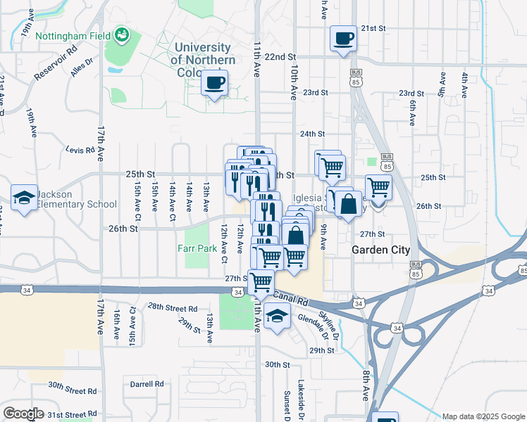 map of restaurants, bars, coffee shops, grocery stores, and more near 2605 11th Avenue in Greeley