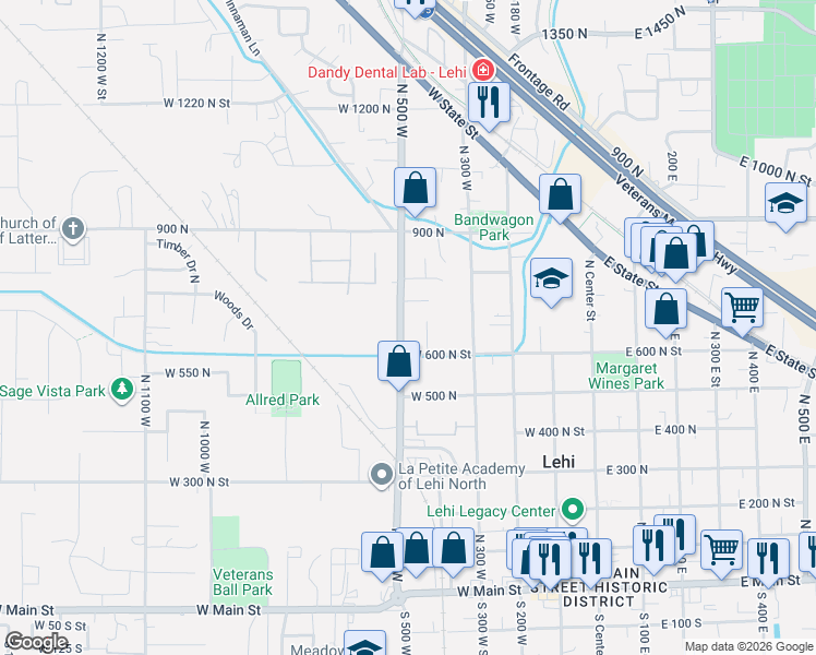 map of restaurants, bars, coffee shops, grocery stores, and more near 670 North 500 West in Lehi