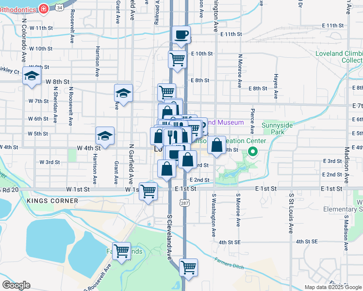 map of restaurants, bars, coffee shops, grocery stores, and more near 239 East 4th Street in Loveland