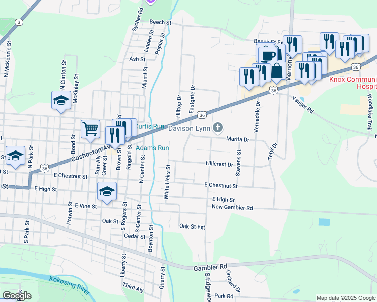 map of restaurants, bars, coffee shops, grocery stores, and more near 202 Hillcrest Drive in Mount Vernon