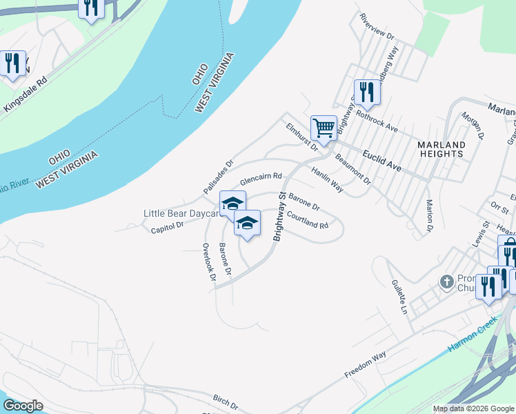 map of restaurants, bars, coffee shops, grocery stores, and more near 1210 Courtland Road in Weirton