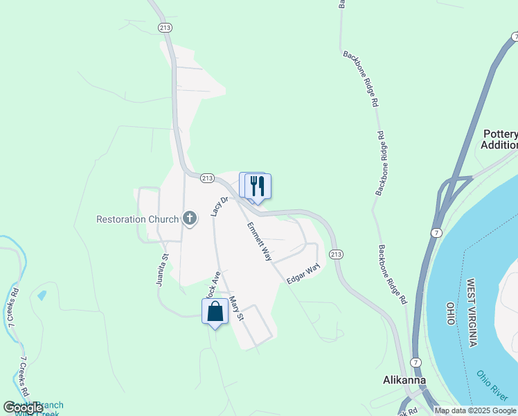 map of restaurants, bars, coffee shops, grocery stores, and more near 118 Emmett Way in Steubenville