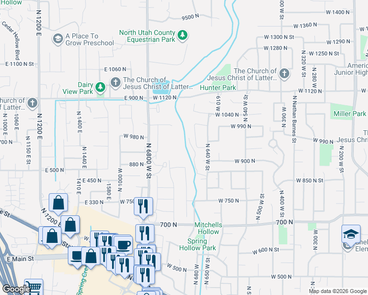 map of restaurants, bars, coffee shops, grocery stores, and more near 702 West 880 North in American Fork