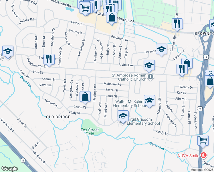 map of restaurants, bars, coffee shops, grocery stores, and more near 25 Exeter Street in Old Bridge