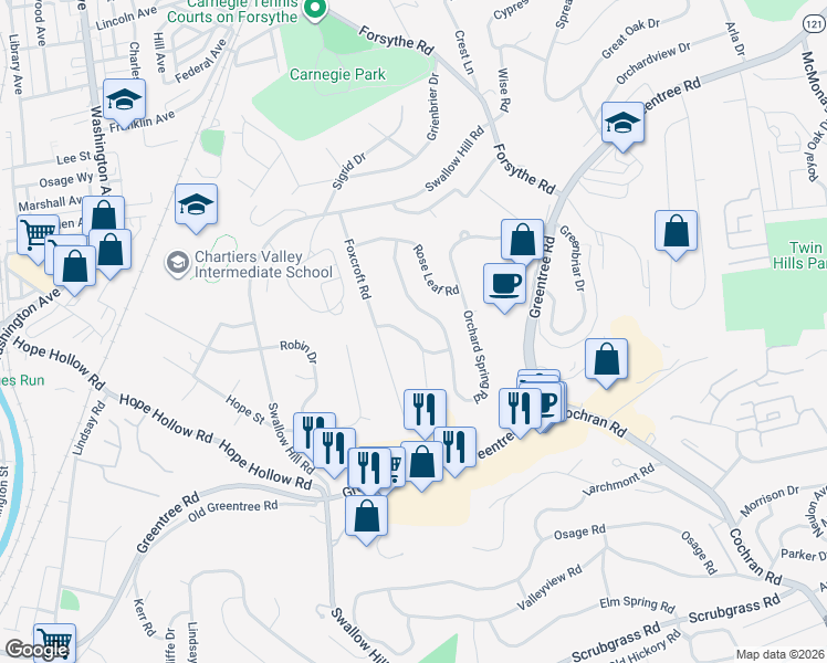 map of restaurants, bars, coffee shops, grocery stores, and more near 233 Foxcroft Road in Pittsburgh