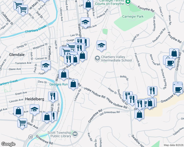 map of restaurants, bars, coffee shops, grocery stores, and more near 577 Hope Street in Pittsburgh