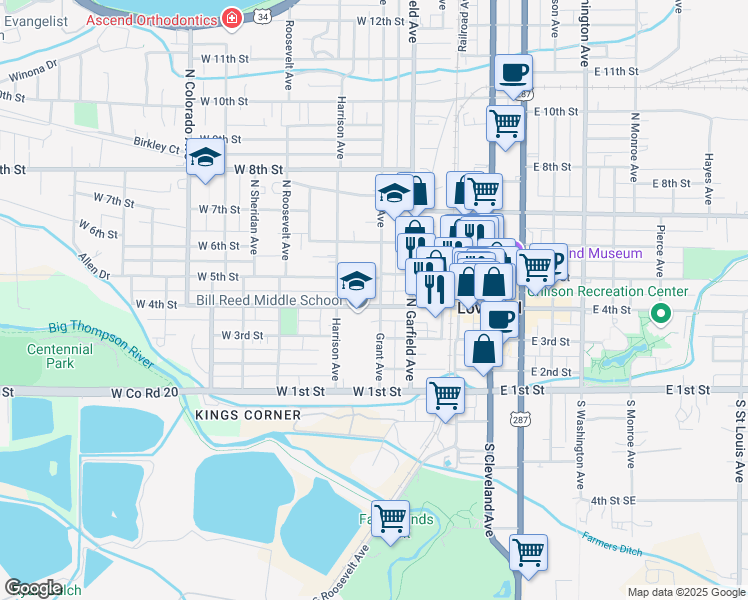 map of restaurants, bars, coffee shops, grocery stores, and more near 320 Grant Avenue in Loveland