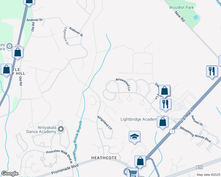 map of restaurants, bars, coffee shops, grocery stores, and more near 30 Wynwood Drive in South Brunswick Township