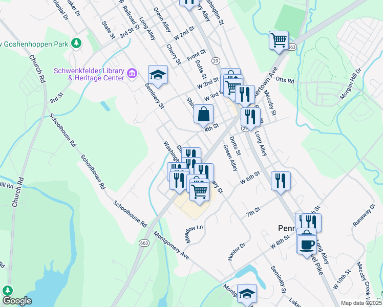 map of restaurants, bars, coffee shops, grocery stores, and more near 425 Seminary Street in Pennsburg
