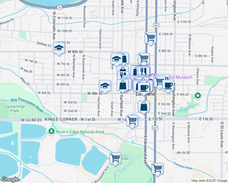 map of restaurants, bars, coffee shops, grocery stores, and more near 245 West 4th Street in Loveland