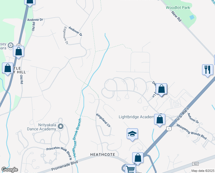 map of restaurants, bars, coffee shops, grocery stores, and more near 6 Sassafras Lane in South Brunswick Township