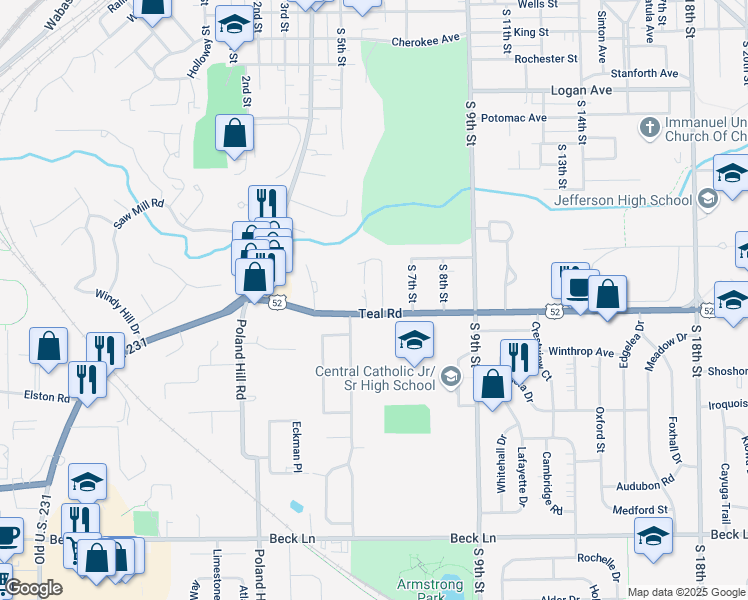 map of restaurants, bars, coffee shops, grocery stores, and more near 639-697 Teal Road in Lafayette