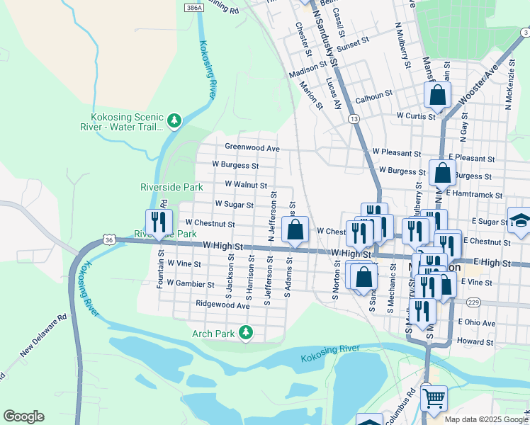 map of restaurants, bars, coffee shops, grocery stores, and more near 205 North Jefferson Street in Mount Vernon