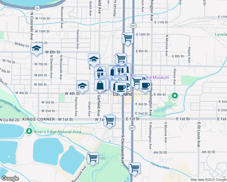 map of restaurants, bars, coffee shops, grocery stores, and more near 405 Railroad Avenue in Loveland