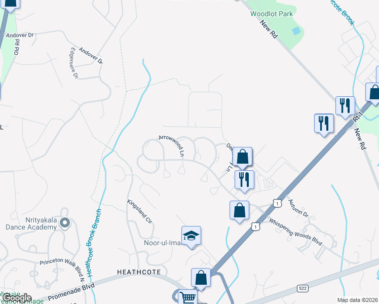 map of restaurants, bars, coffee shops, grocery stores, and more near 17 Sweetgum Lane in South Brunswick Township