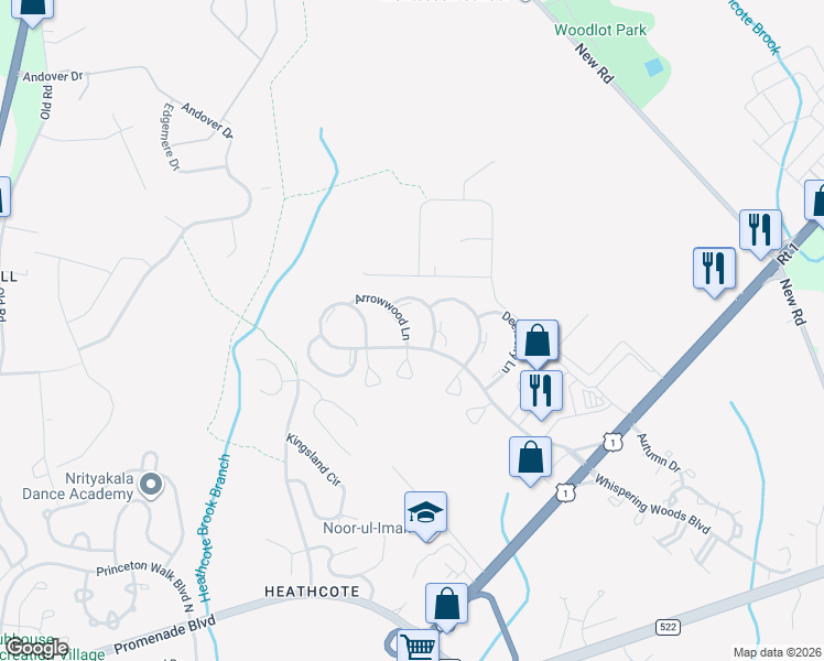 map of restaurants, bars, coffee shops, grocery stores, and more near 10 Sweetgum Lane in South Brunswick Township