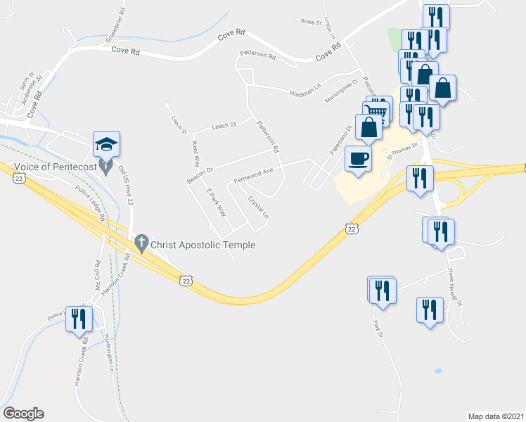 map of restaurants, bars, coffee shops, grocery stores, and more near 201 Crystal Lane in Weirton