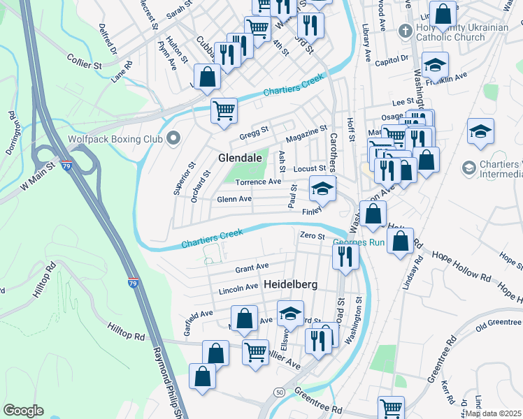 map of restaurants, bars, coffee shops, grocery stores, and more near 334 Glenn Avenue in Carnegie