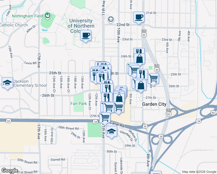 map of restaurants, bars, coffee shops, grocery stores, and more near 2522 10th Avenue Court in Greeley