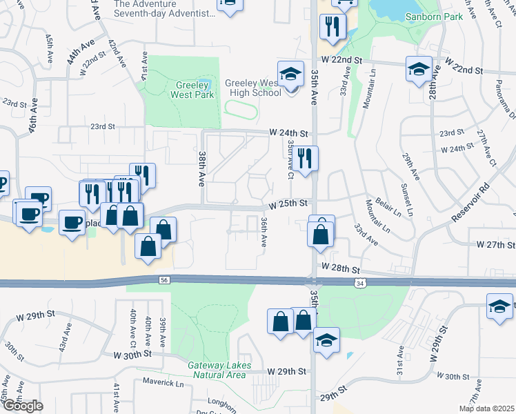 map of restaurants, bars, coffee shops, grocery stores, and more near 3775 West 25th Street in Greeley