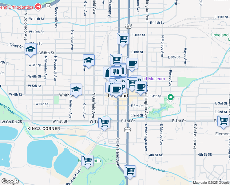 map of restaurants, bars, coffee shops, grocery stores, and more near 129a East 5th Street in Loveland