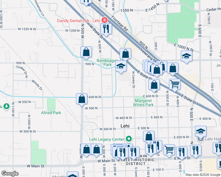map of restaurants, bars, coffee shops, grocery stores, and more near 771 North 200 West in Lehi