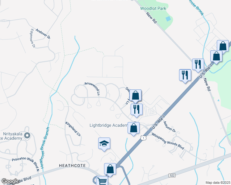 map of restaurants, bars, coffee shops, grocery stores, and more near 34 Foxtail Lane in South Brunswick Township