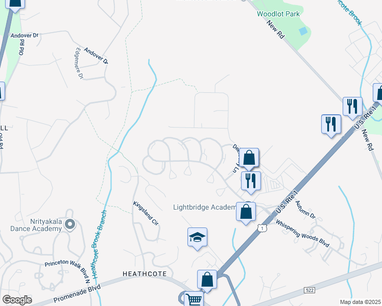 map of restaurants, bars, coffee shops, grocery stores, and more near 17 Sweetgum Lane in South Brunswick Township