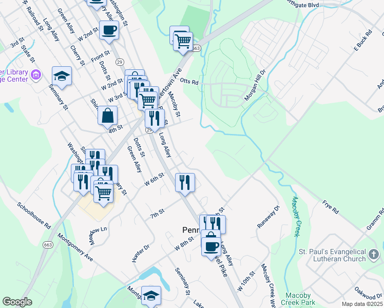 map of restaurants, bars, coffee shops, grocery stores, and more near 602 Penn Street in Pennsburg