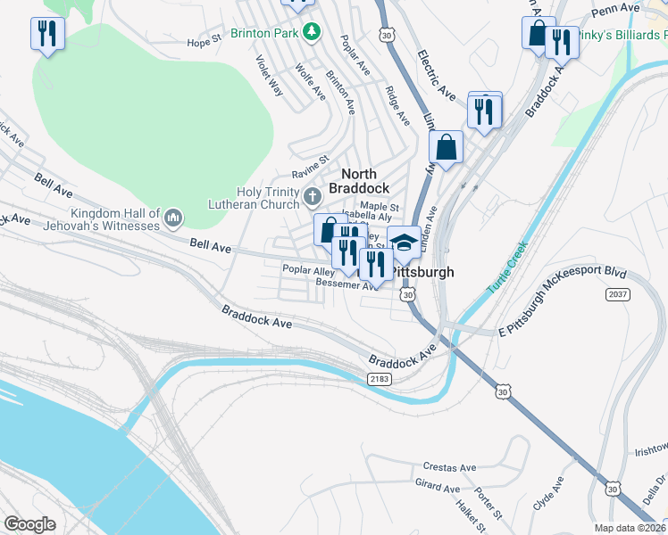 map of restaurants, bars, coffee shops, grocery stores, and more near 408 Franklin Street in East Pittsburgh