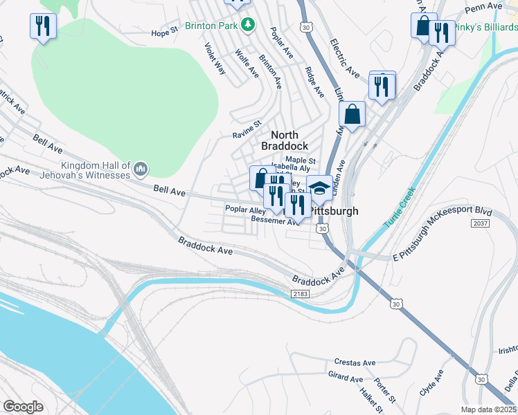 map of restaurants, bars, coffee shops, grocery stores, and more near 408 Franklin Street in East Pittsburgh